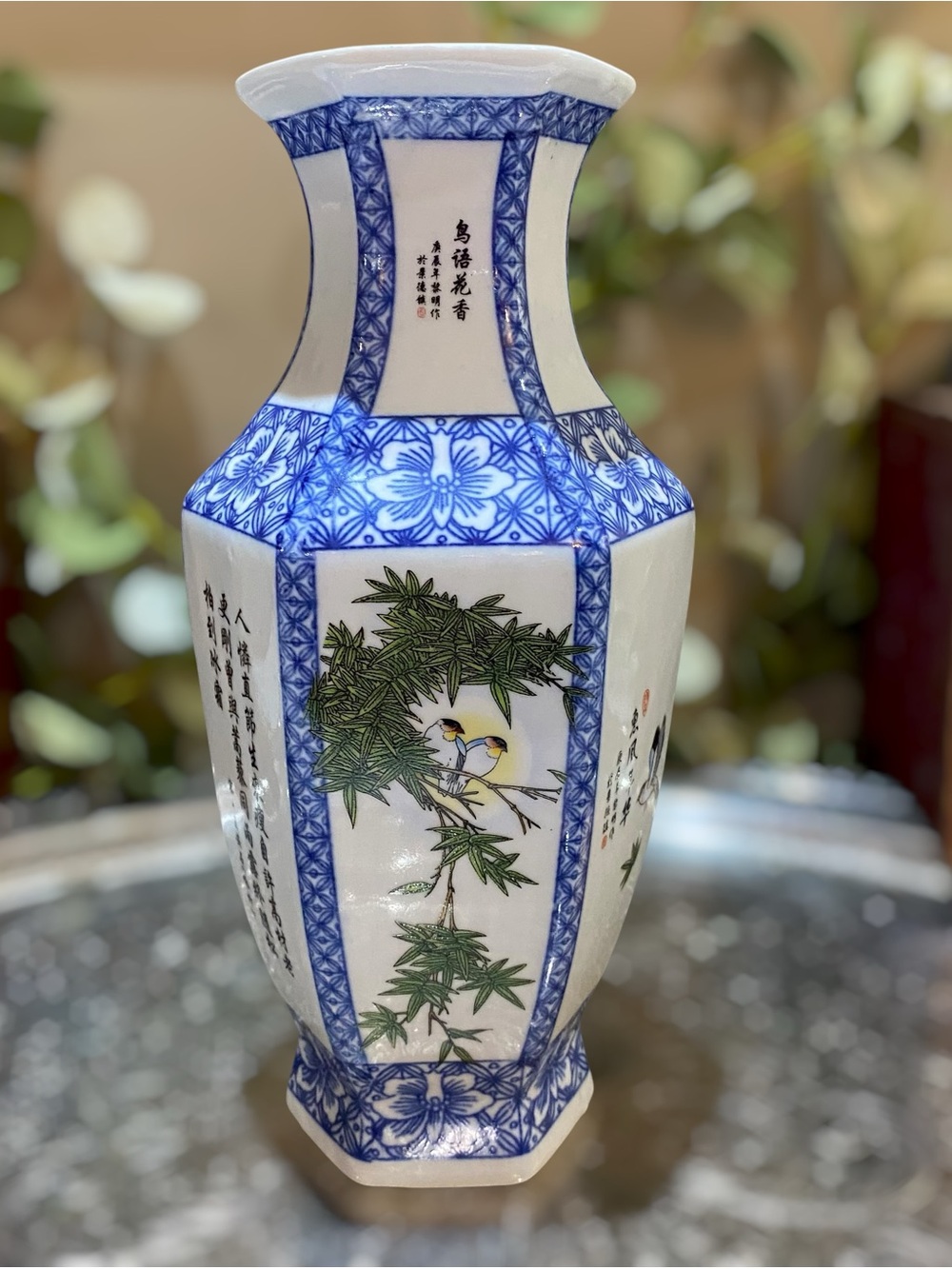 Vintage Chinese Vase Signed Calligraphy Birds Hexagonal Blue White Porcelain - Picture 4 of 10